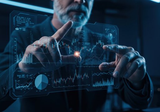 Advanced Data Analysis: Man Interacting with Holographic Interface