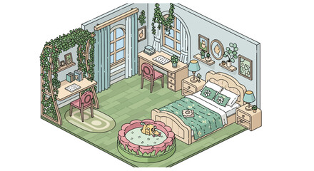 Cozy bedroom interior with plants and desk