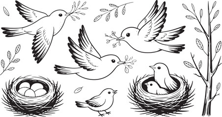 Fototapeta premium Birds Nesting Twigs Branches Illustration