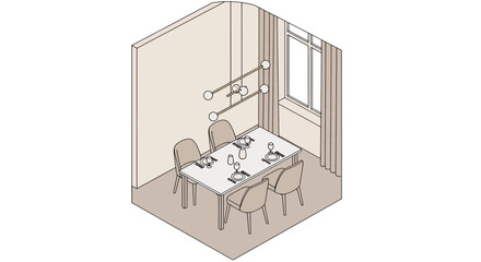 Dining room interior with table chairs and modern lighting