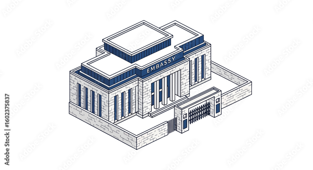 Poster embassy building isometric view modern architecture