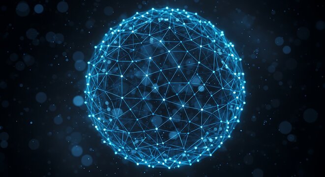 A glowing blue sphere made of interconnected lines and dots floats in a dark