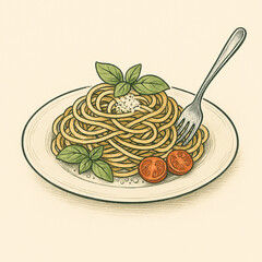 Hand-drawn plate of coiled pasta with basil leaves, cherry tomatoes, grated cheese, and a fork on a light beige background.