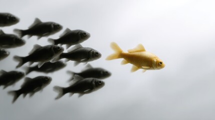 Unique golden fish leading a school in uniform direction silhouette on black and white background