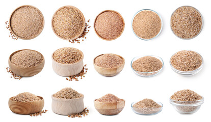 Buckwheat bran and grains isolated on white, set. Top and side view