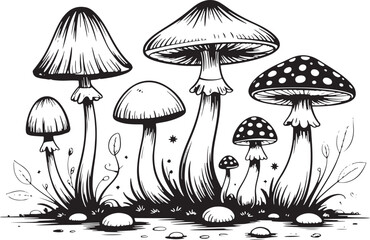 Black and white illustration of various mushrooms growing in grass fungi forest