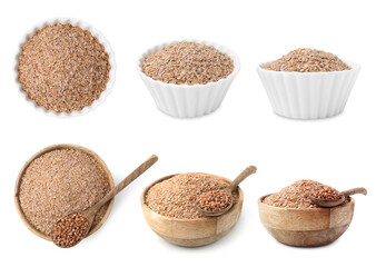 Buckwheat bran in bowls isolated on white, set. Top and side view