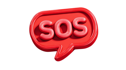 Floating SOS chat bubble in red, rounded comic-style 3D icon with shadows isolated on transparent background