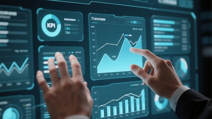 Modern business touchscreen interface with hands interacting with floating data charts and graphs