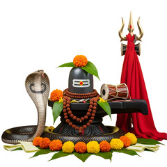 Divine Shivling with Trishul, Cobra, Rudraksha Mala, and Damru – Symbol of Lord Shiva's Power and Spiritual Energy, PNG file on transparent background 