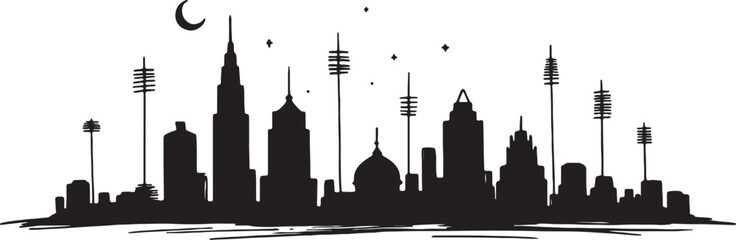 City Skyline Silhouette at Night with Moon and Stars