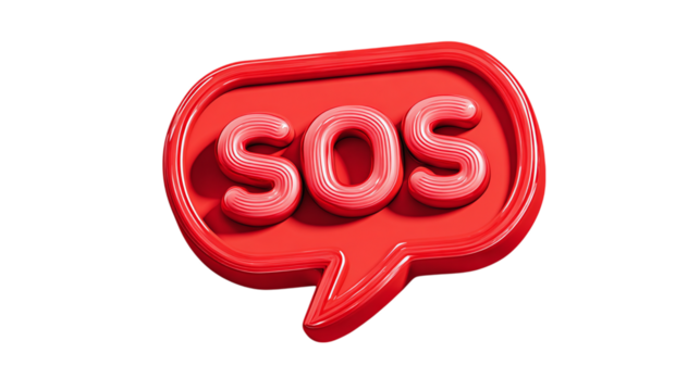Floating SOS chat bubble in red, rounded comic-style 3D icon with shadows isolated on transparent background 