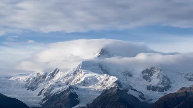 A Breathtaking Time-Lapse of Thick Clouds Rolling Over and Obscuring a Jagged, Snow-Covered Mountain, Perfect for Dramatic Nature Scenes.