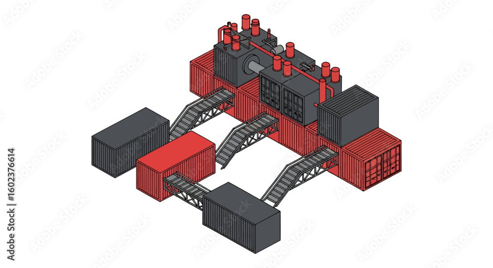 Poster industrial structure with containers and connecting walkways