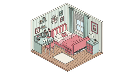 Isometric bedroom interior with bed, desk, and window