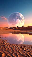 Desert Landscape with Large Moon and Water Reflection at Sunset