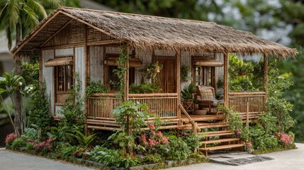 Serene Bamboo Cabin Retreat Surrounded by Lush Tropical Gardens and Foliage