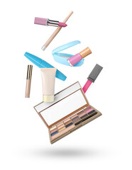 Eyeshadow palette and other makeup cosmetics in air against white background