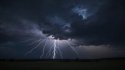 Dramatic lightning bolts striking over a dark cloudy sky
