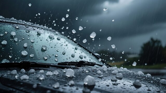 Close-up of hailstones bouncing off car windshield and ground during sudden hailstorm