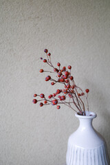 Vintage white vase with dried red flowers