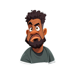 Obraz premium Cartoon portrait of a dark-skinned man with a concerned expression. He has a short, textured afro and a thick beard. He wears a muted green top