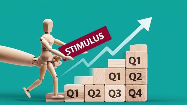 Economic Stimulus Concept Wooden Blocks Arranged in Increasing Steps on Teal Background Representing Growth with a Mannequin Holding a Stimulus Sign