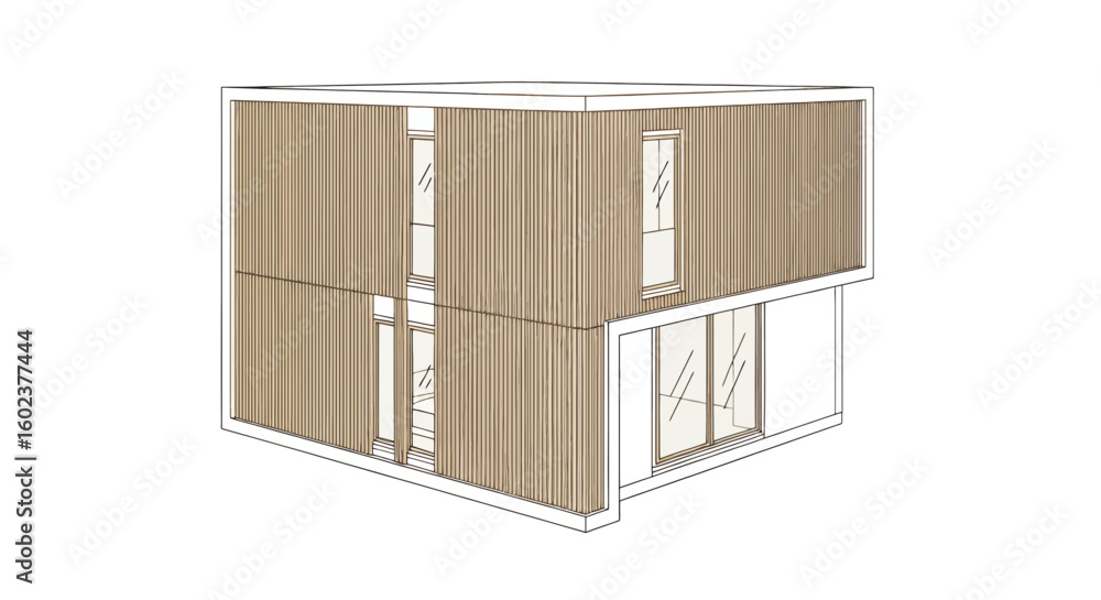 Poster modern house structure with wood cladding and windows