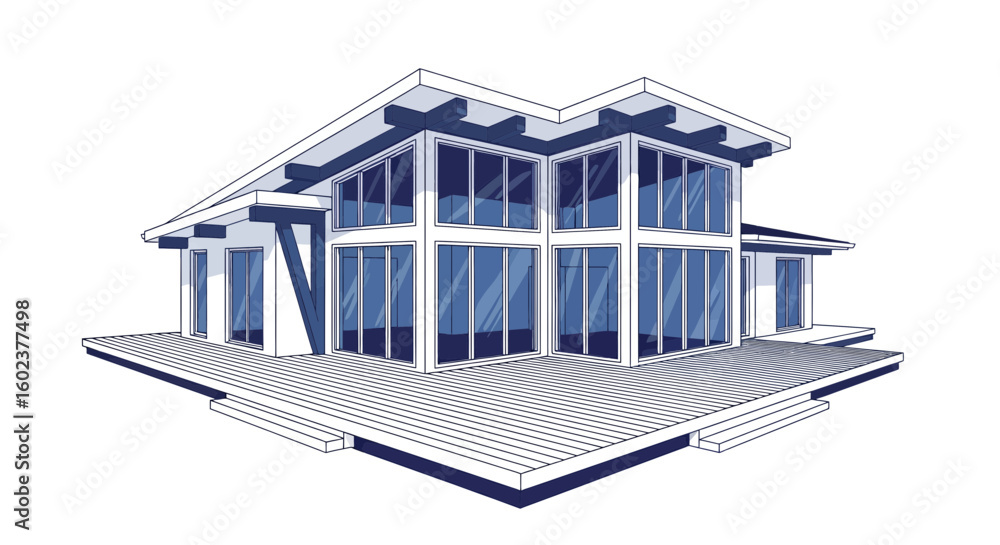 Poster Modern house with large windows and deck architectural rendering
