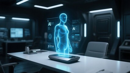 AI assistant hologram projecting from a sleek device on modern desk