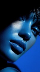Dramatic blue-toned portrait of a woman with striking makeup and intense lighting.