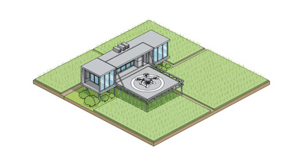 Modern house with helipad and rooftop solar panels