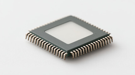 Microchip with metal pins on white surface, close up view