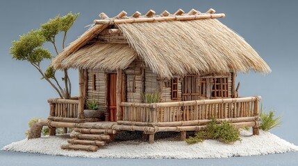 Artisanal miniature of a rustic hut evoking tropical tranquility and craftsmanship