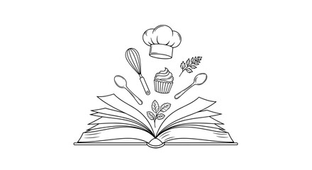 Open cookbook with chef hat, whisk, cupcakes, and utensils, representing culinary creativity and baking