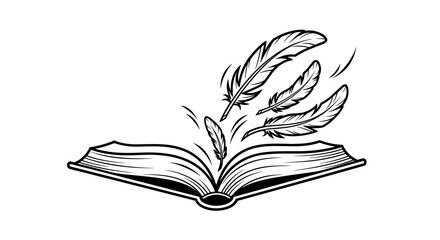 Open book with feathers flying out, whimsical mood, minimalist illustration