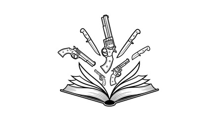 Open detective book with guns and weapons emerging, suspenseful mood, minimalist illustration