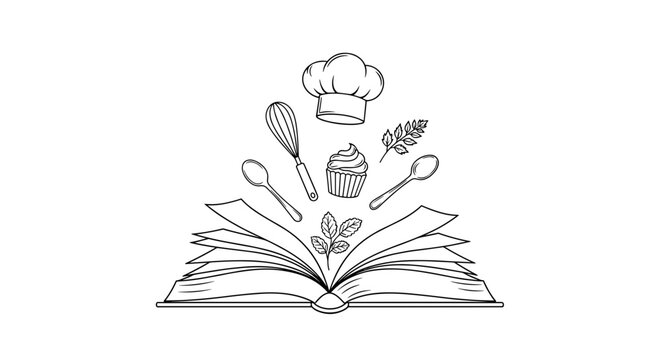 Open cookbook with chef hat, whisk, cupcakes, and utensils, representing culinary creativity and baking