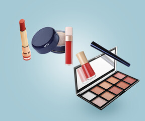 Different makeup cosmetics in air against light blue background