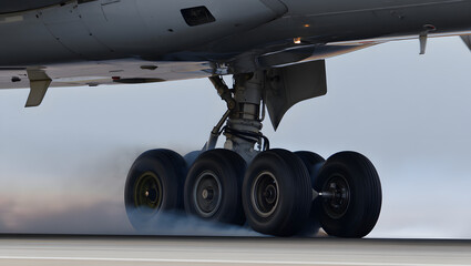 An airplane landing gear touching down on the runway creating smoke