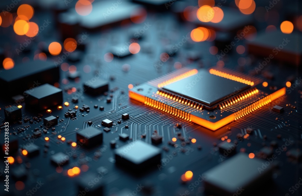 Aufkleber microprocessor chip illuminated with orange lights on a circuit board