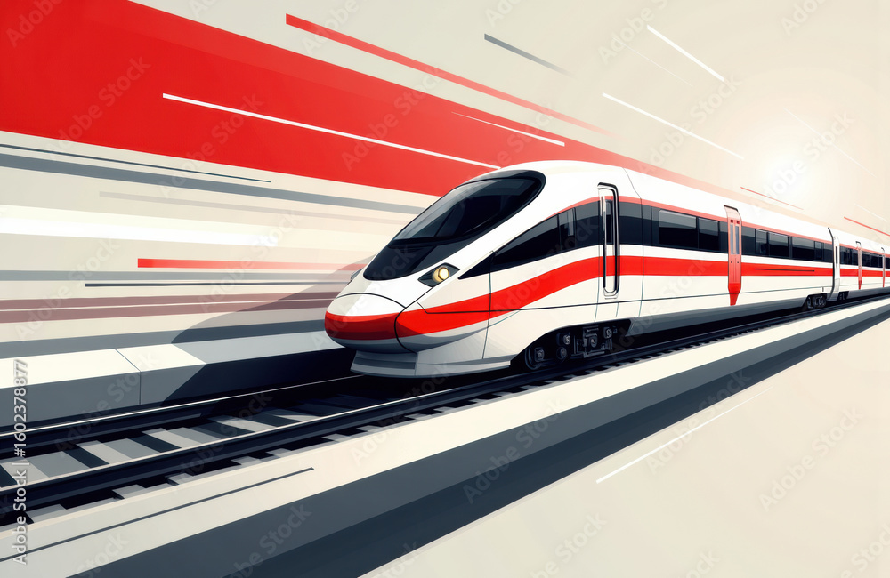 Poster high-speed train moving along railway tracks with dynamic motion lines