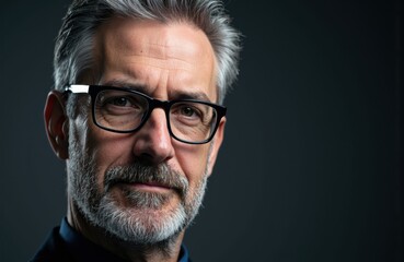 Obraz premium Close-up of a mature man with gray hair and beard wearing black glasses against a dark background