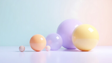  Pastel pink orange lavender yellow glossy 3D spheres on light blue gradient abstract background. Smooth surface blend. Bright light glow shimmer reflection. Neon metallic. Noise grain blur texture.