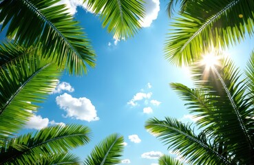 Fototapeta premium Bright blue sky framed by lush green palm leaves with sunlight shining through