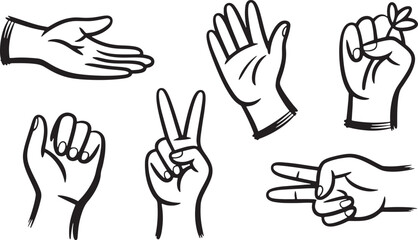 Diverse hand gestures in black and white line art open palm fist