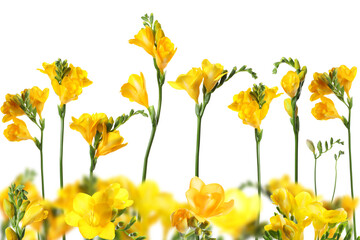 Many beautiful freesia flowers on white background