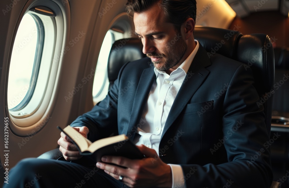Poster man in formal suit reading a book while seated on an airplane window seat