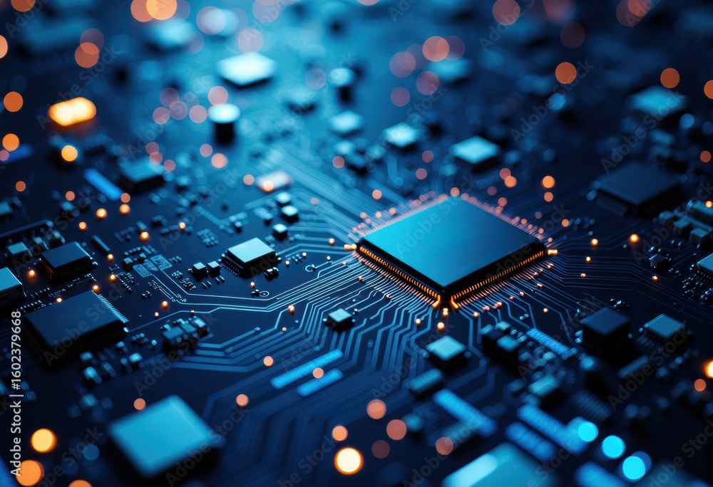 Poster close-up of a modern computer circuit board with illuminated microchips and electronic components