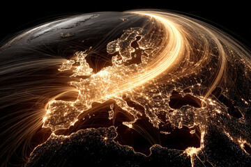 Golden fibonacci spirals illustrating global internet traffic over earth's night side